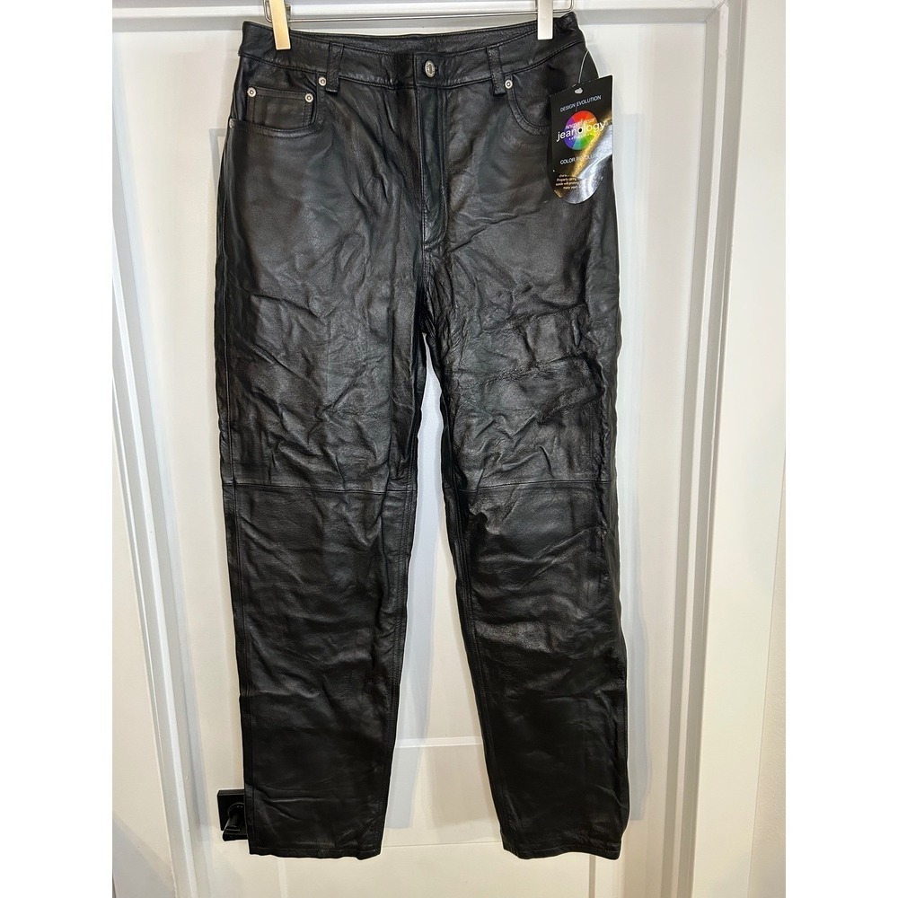 Newport News Jeanology Black Leather Pants Straight Leg  Womens size‎ 12 NEW Y2K